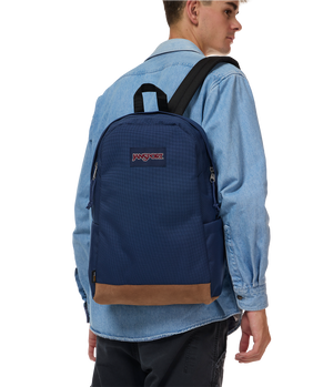navy blue jansport backpack with brown leather one pocket Right Pack Sleek – JanSport US